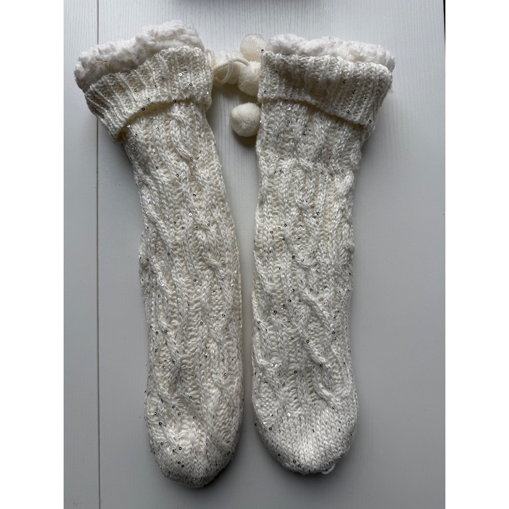 White Knit Cable Knit Sparkle Sequin Cozy Holiday Slouchy Socks